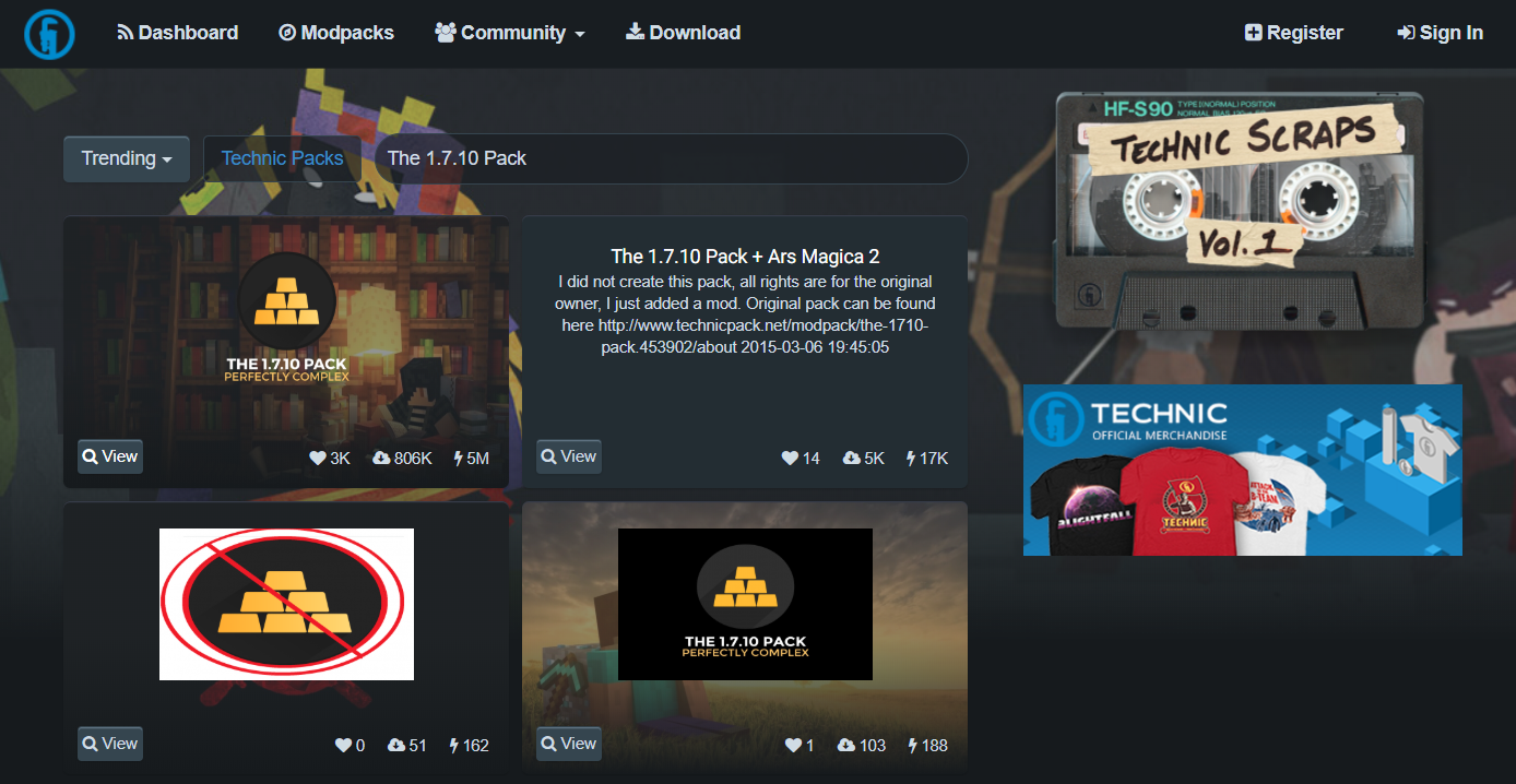 Search Technic website for modpack.