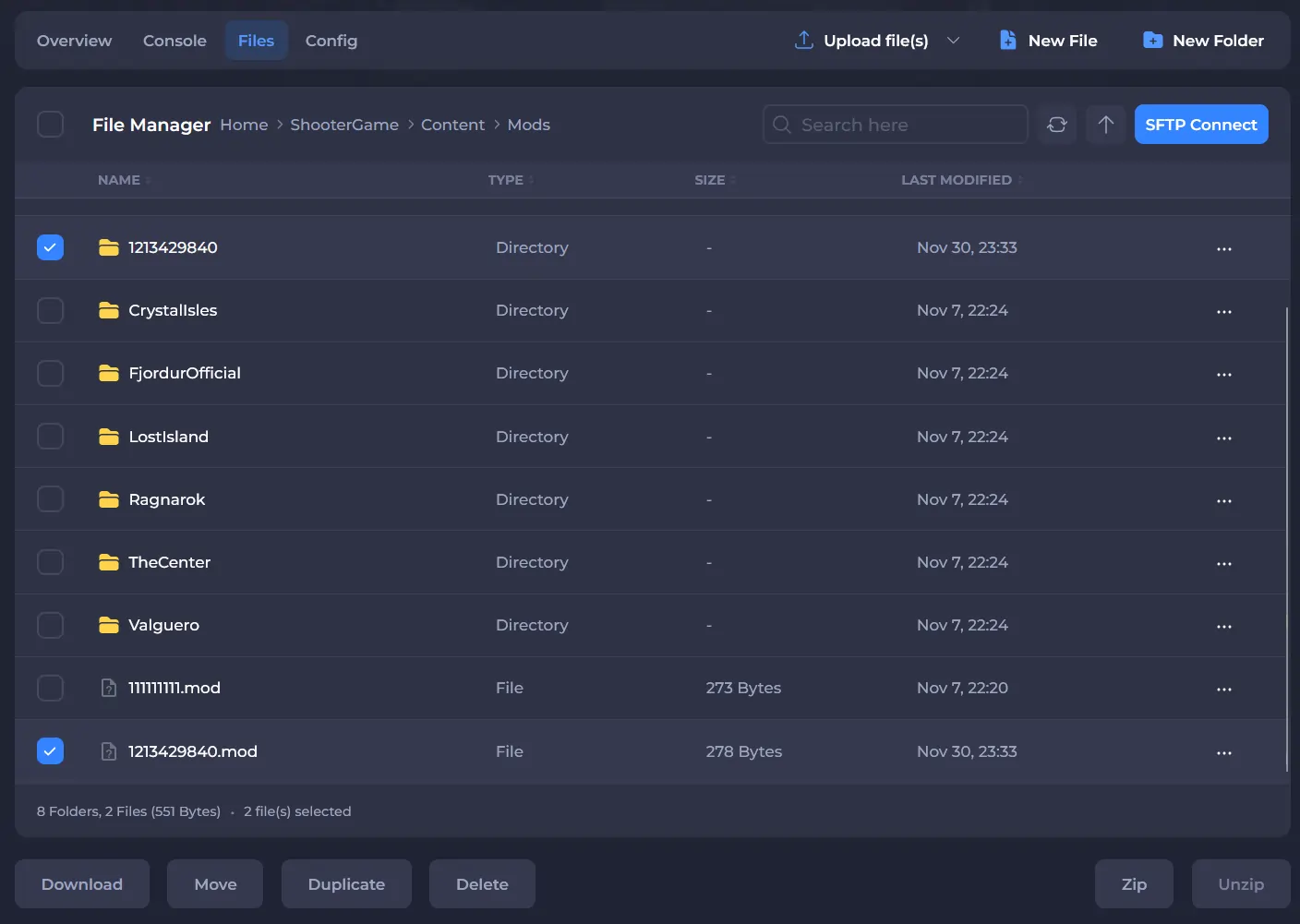 Files menu with non-default mods selected