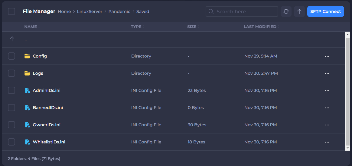 File Manager interface displaying the contents of the 'LinuxServer > Pandemic > Saved' directory for SCP 5K. The list includes two folders: 'Config' and 'Logs,' with last modified timestamps. Additionally, there are four INI config files: 'AdminIDs.ini' (23 bytes), 'BannedIDs.ini' (0 bytes), 'OwnerIDs.ini' (30 bytes), and 'WhitelistIDs.ini' (18 bytes), all modified on November 30 at 7:16 PM. An 'SFTP Connect' button is visible in the top-right corner for remote file management.