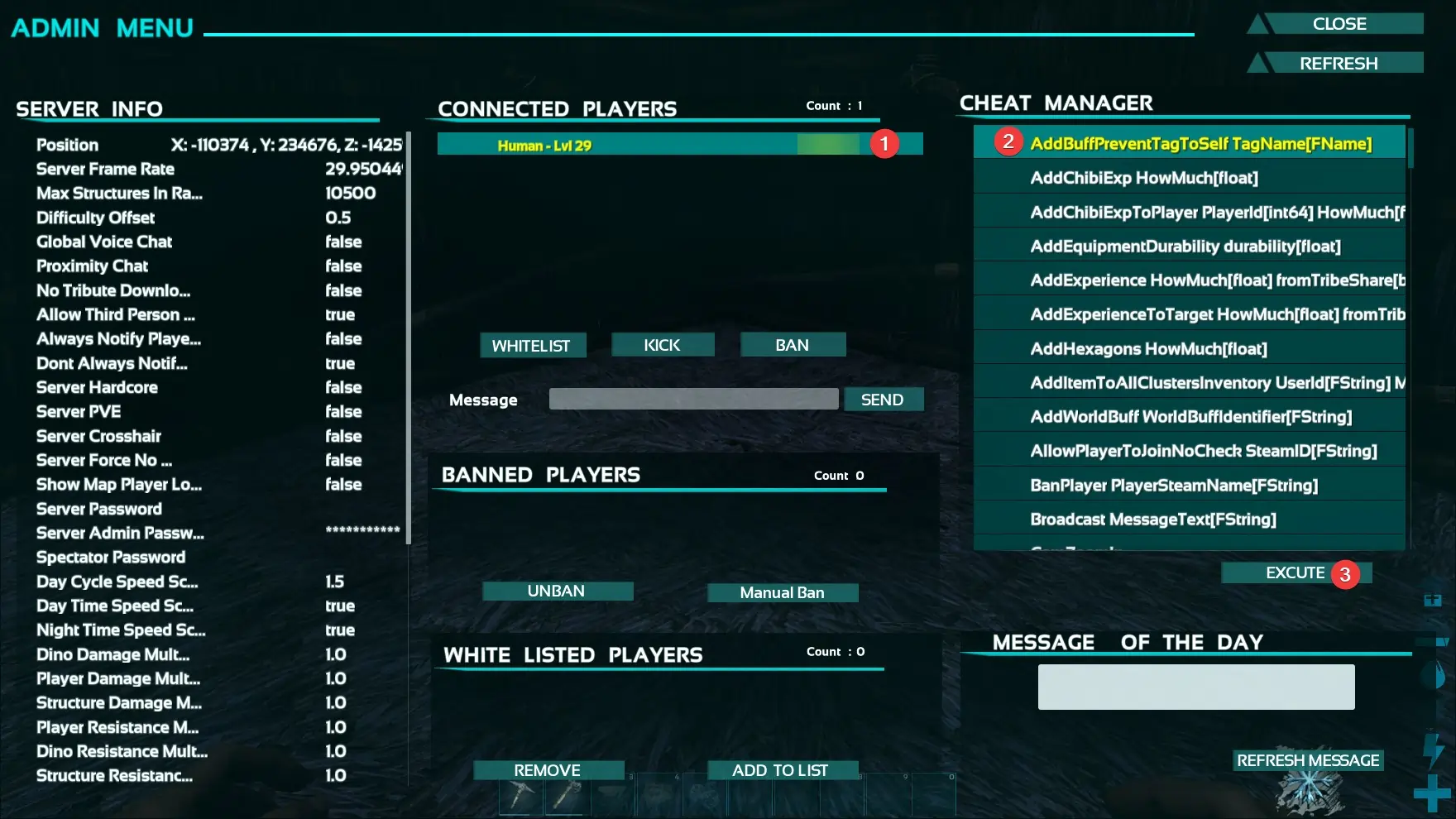 In game screenshot showing the admin menu