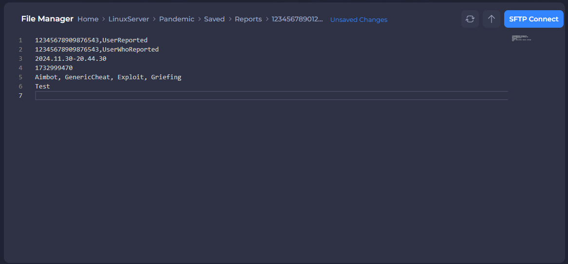 File Manager interface displaying the contents of a text file in the 'LinuxServer > Pandemic > Saved > Reports' directory for SCP 5K. The file contains user report data, including IDs, timestamps, and reported offenses such as 'Aimbot,' 'GenericCheat,' 'Exploit,' and 'Griefing.' The text editor shows unsaved changes with an 'SFTP Connect' button in the top-right corner for remote file management.