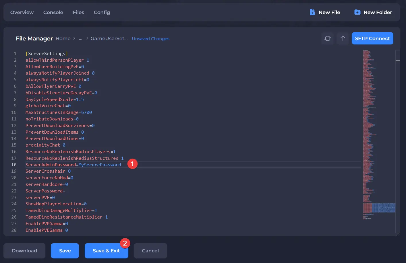GameUserSettings with ServerAdminPassword field highlighted