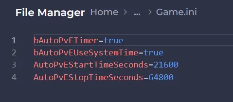 The Game.ini file configured with the settings mentioned above