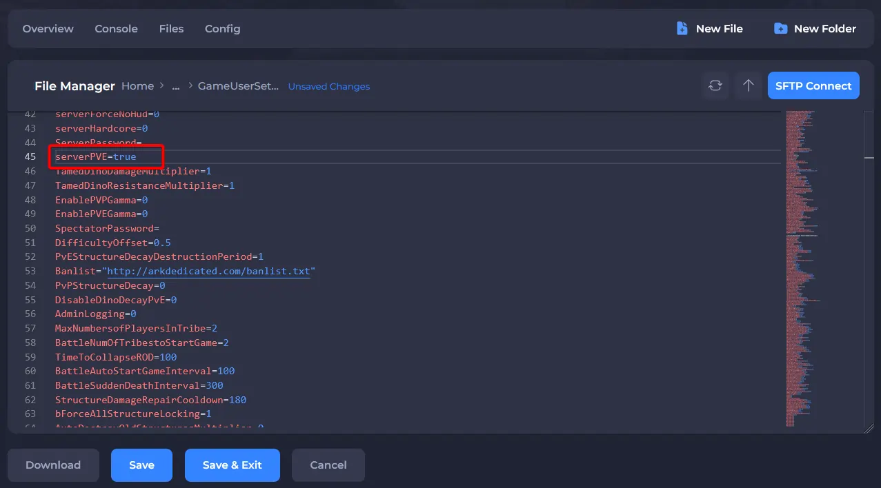 The GameUserSettings.ini file with the option ServerPVE set to true
