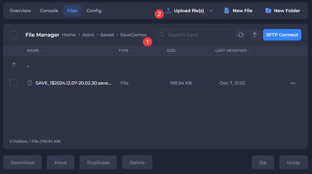 The file manager at SaveGames with the upload button selected