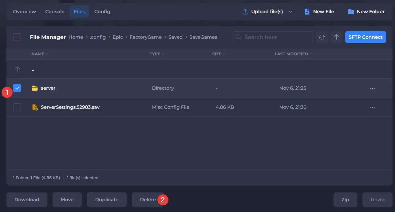 File manager showing how to delete server folder