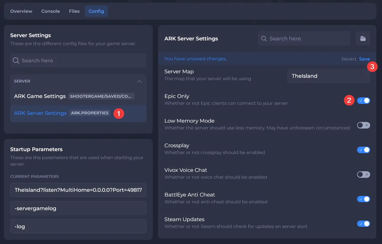 ARK server's control panel showing how to enable 'Epic Only'