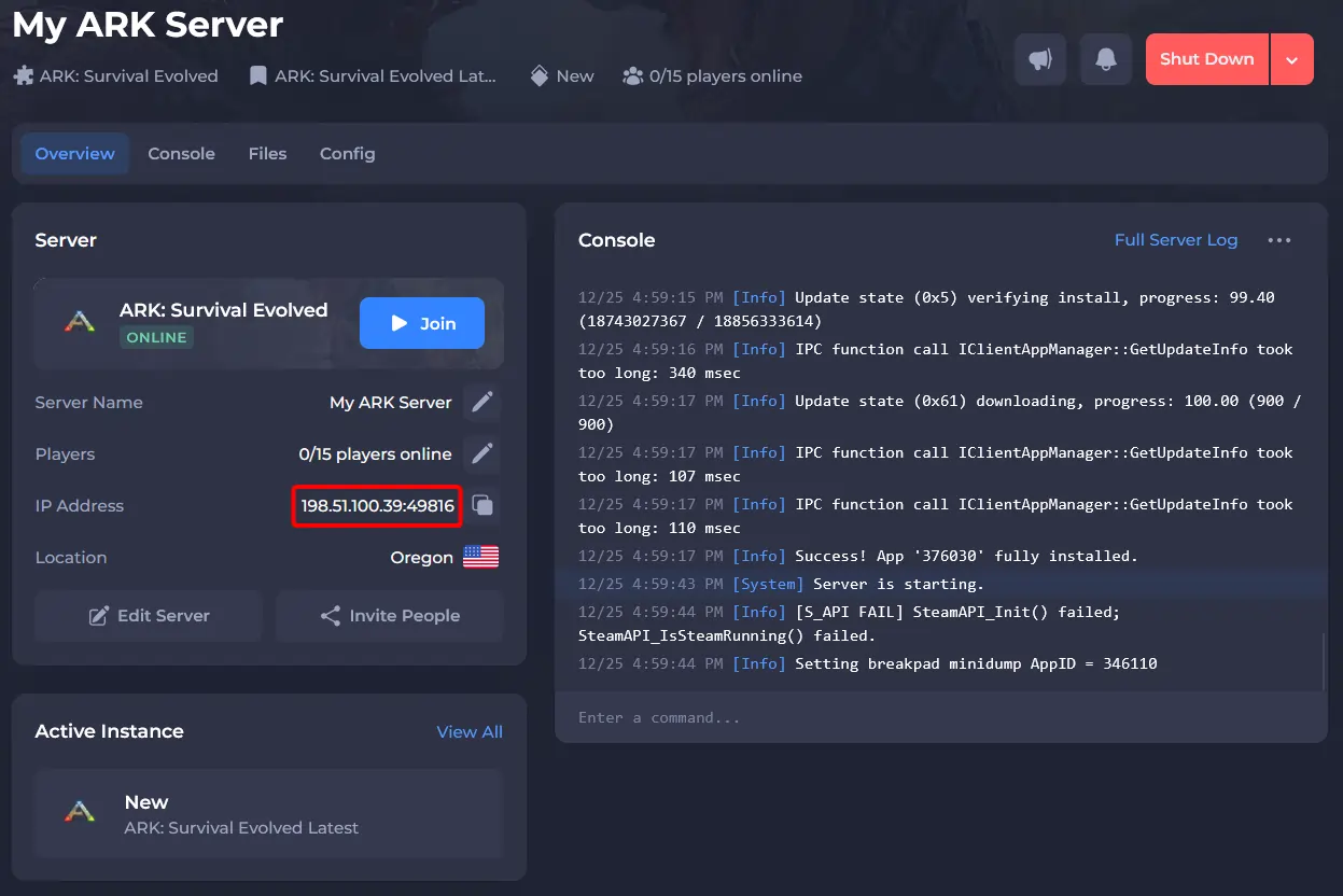 ARK server on the control panel highlighting the server IP