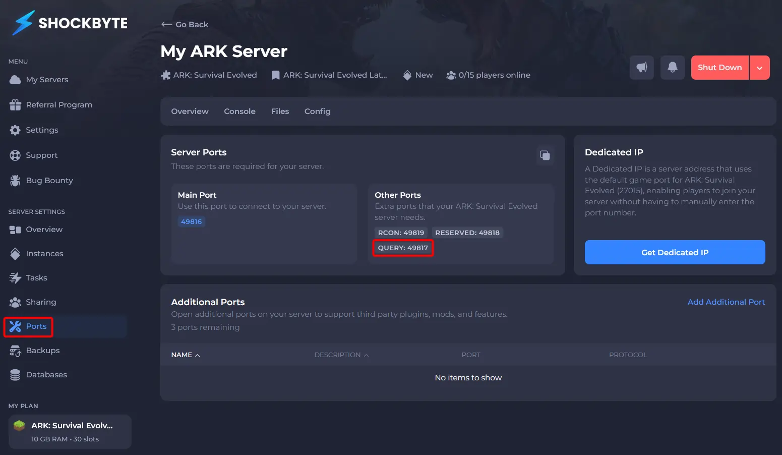 ARK server on the control panel at the ports tab