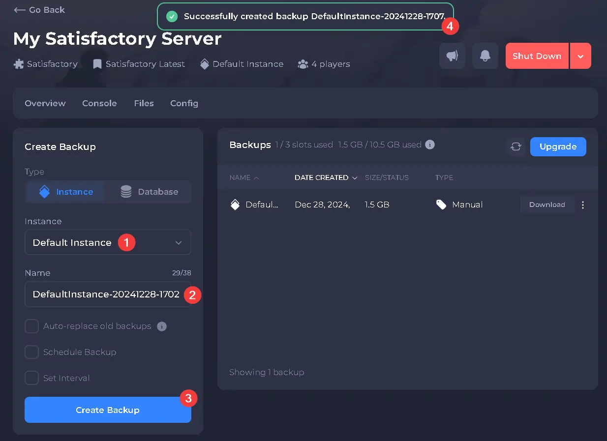 Server control panel showing a backup that has been completed