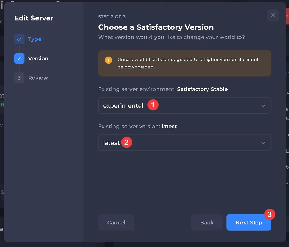 Server type selector of Satisfactory mentioning the experimental branch