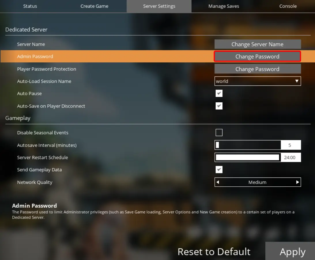 Satisfactory server settings highlighting change admin password