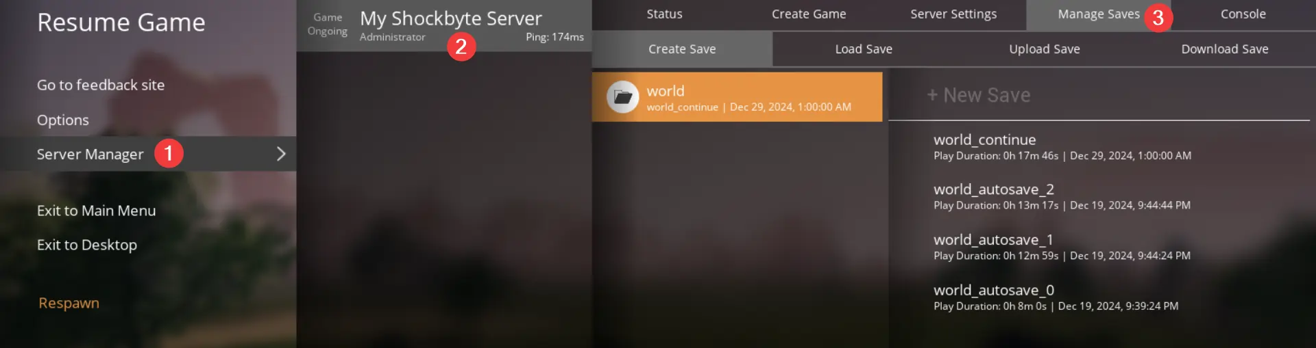 Satisfactory server menu showing how to get to the Save Manager