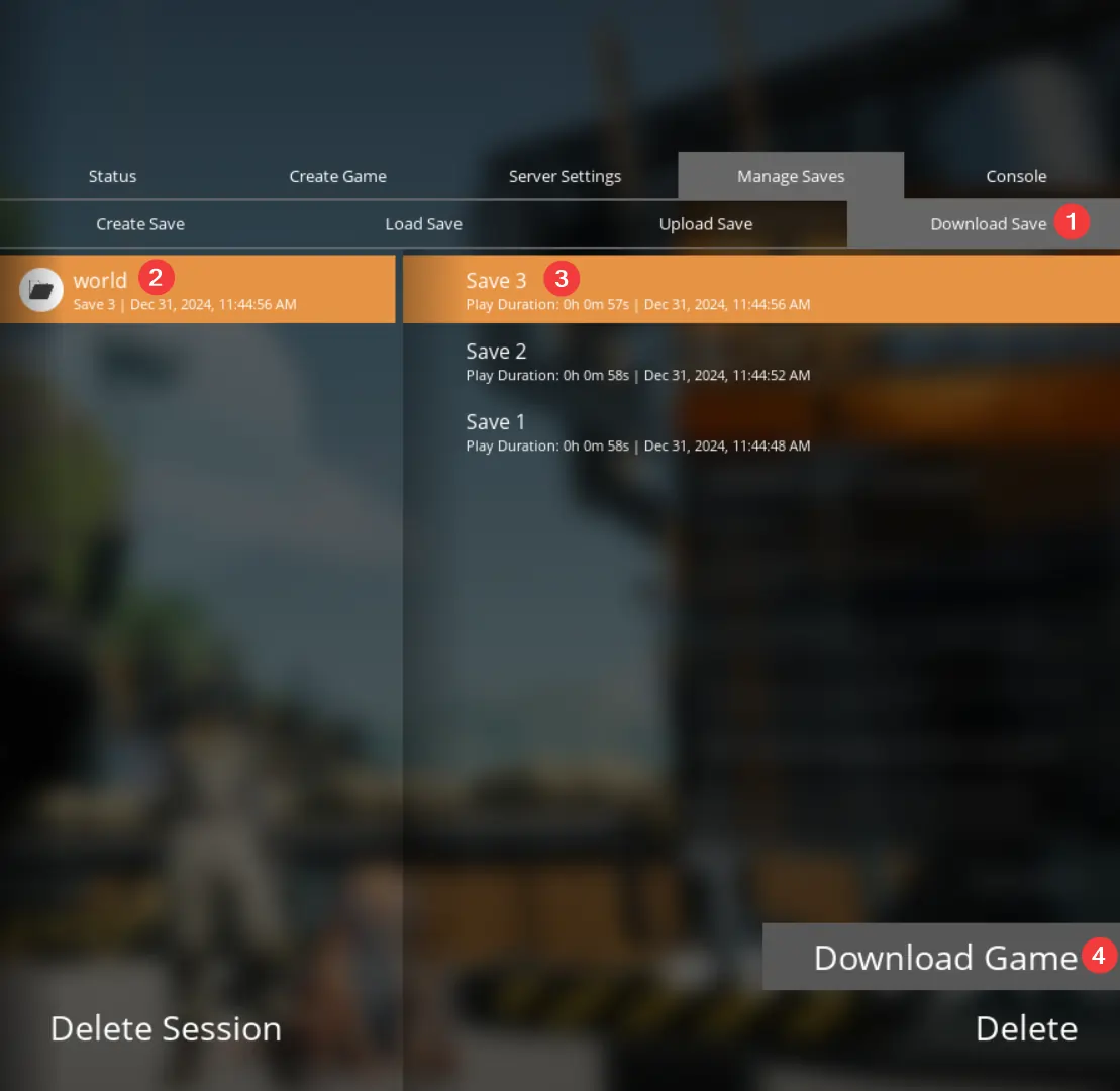 Satifactory menu showing how to select a save to download from your server