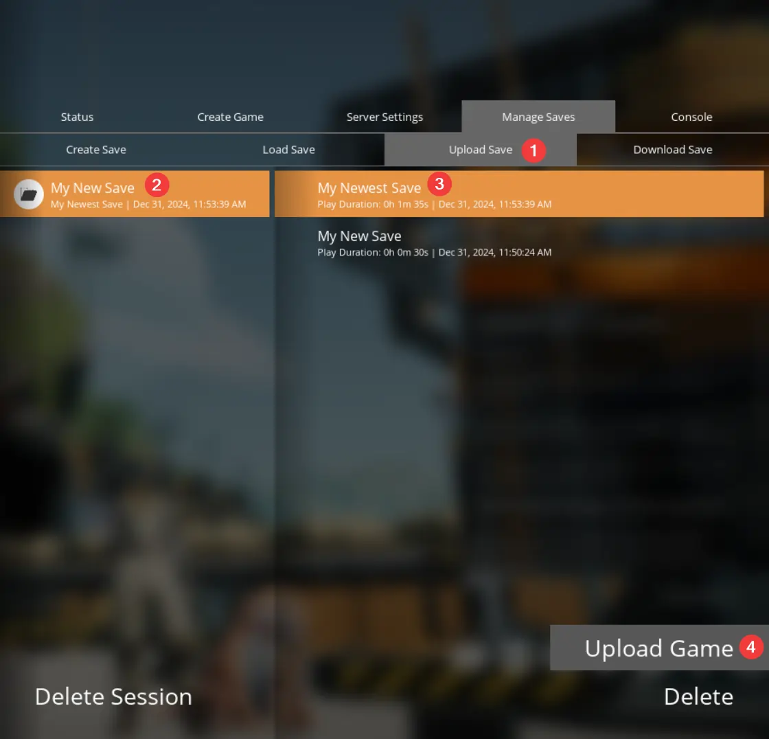 Satifactory menu showing how to select a save to upload to your server