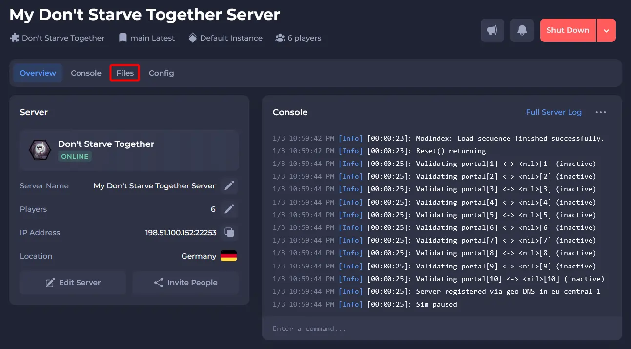 Don't Starve Together server with the Files button highlighted