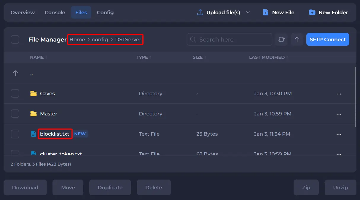 Don't Starve Together server showing its blocklist in the file manager