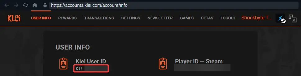Don't Starve Together website on the account page showing your Klei User ID