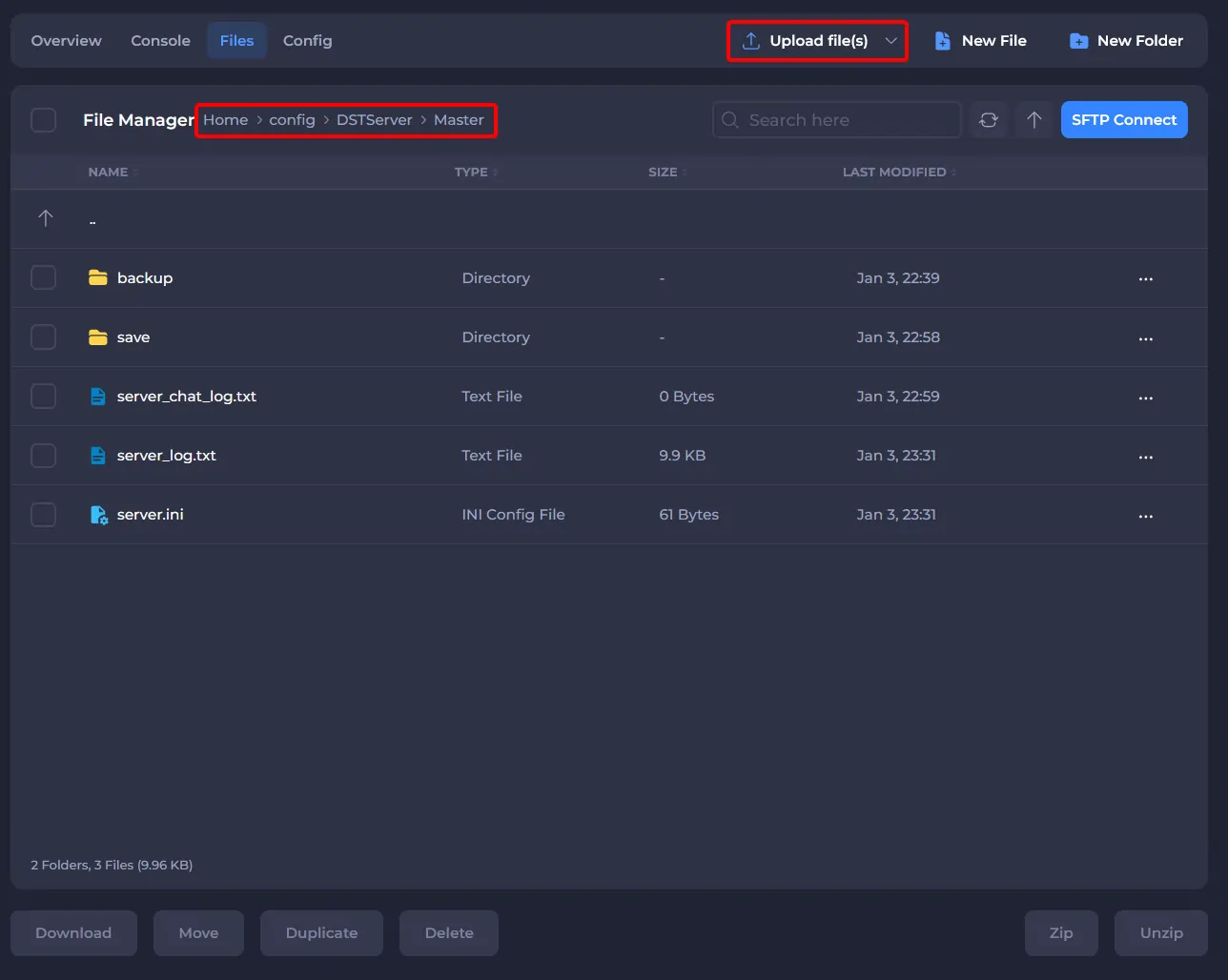 File manager showing how to upload a leveldata to the server
