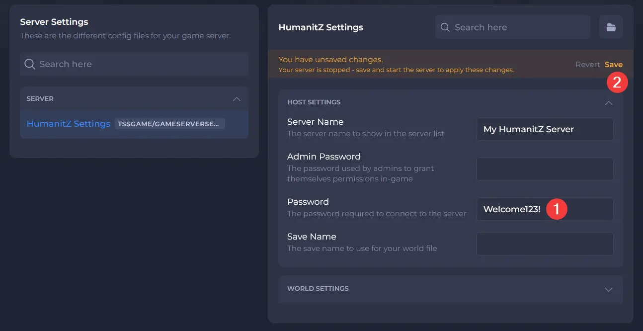 HumanitZ server config highlighting the password setting