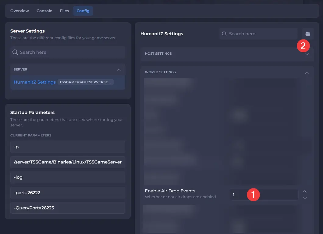 HumanitZ server config highlighting the Air Drop setting