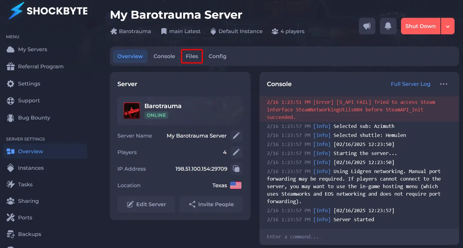 Barotrauma server with the Files button highlighted