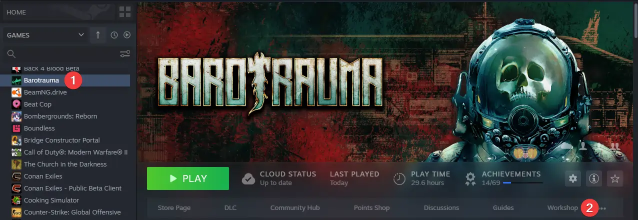 Steam Barotrauma page highlighting the Workshop