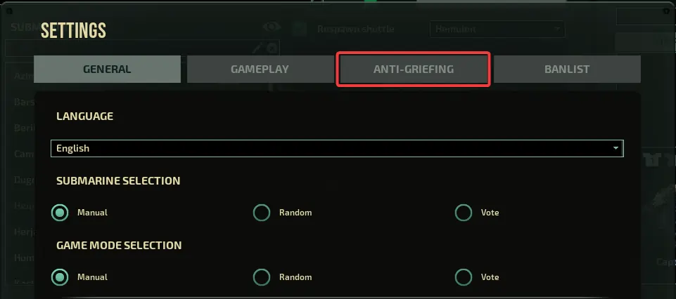 Barotrauma ingame lobby settings anti-griefing category