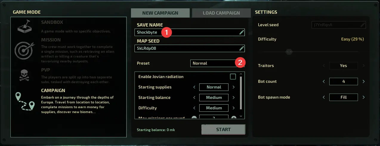 Barotrauma ingame selecting a gamemode preset