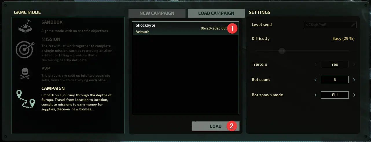 Barotrauma ingame loading an uploaded save