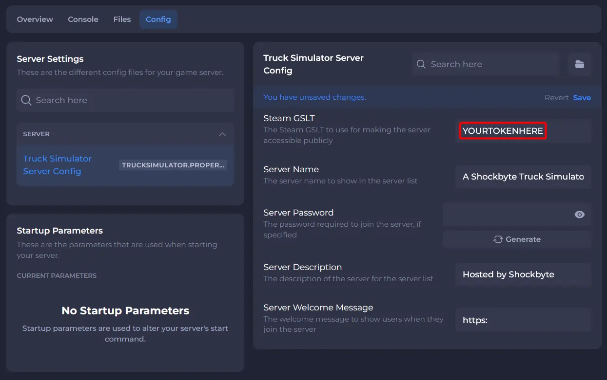 Truck simulator server config setting the Game Server Login Token