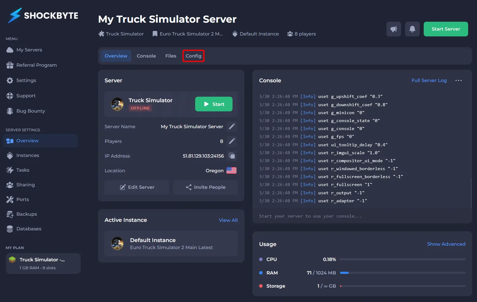 Truck simulator server with the Config button highlighted