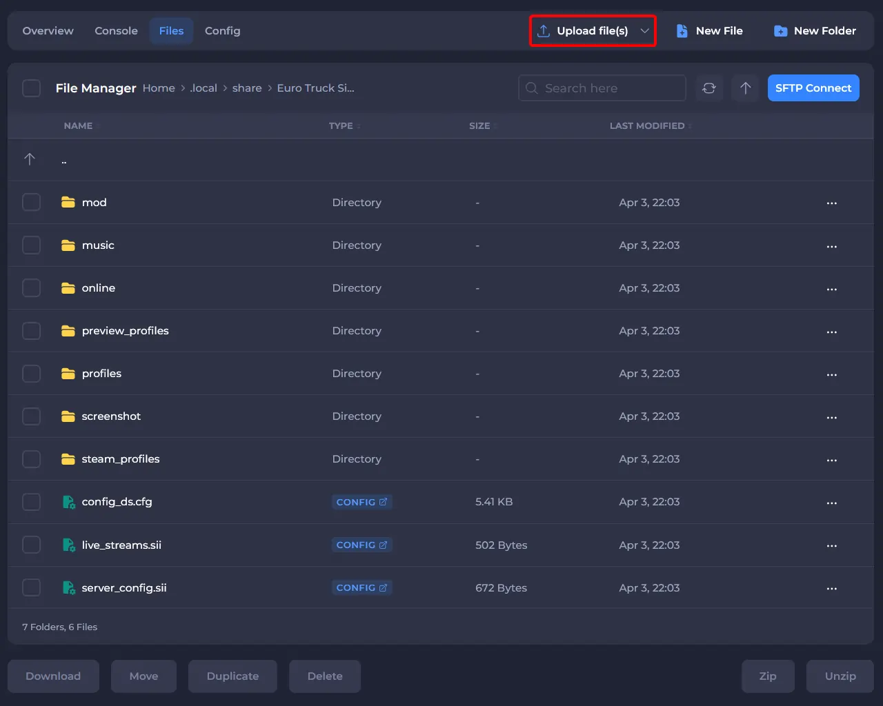 ETS2 server files going to the game path highlighting the upload button