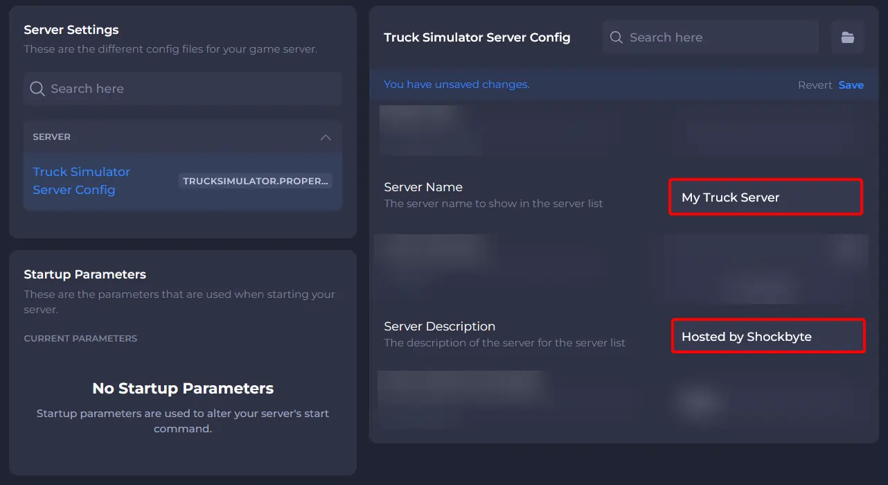 ETS2 config highlighting the server name and description