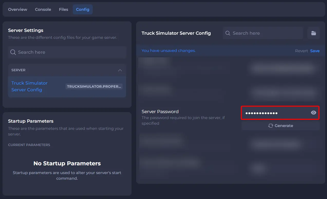 ETS2 config highlighting the password