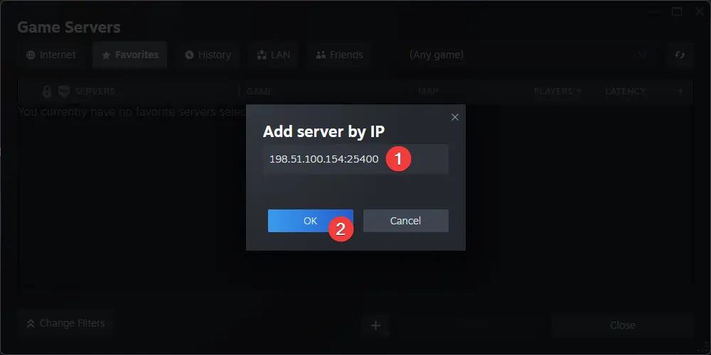 Steam adding CS2 server to favourites