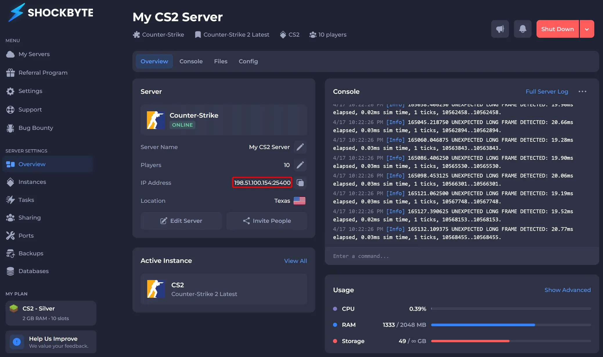 CS2 server highlighting the IP address
