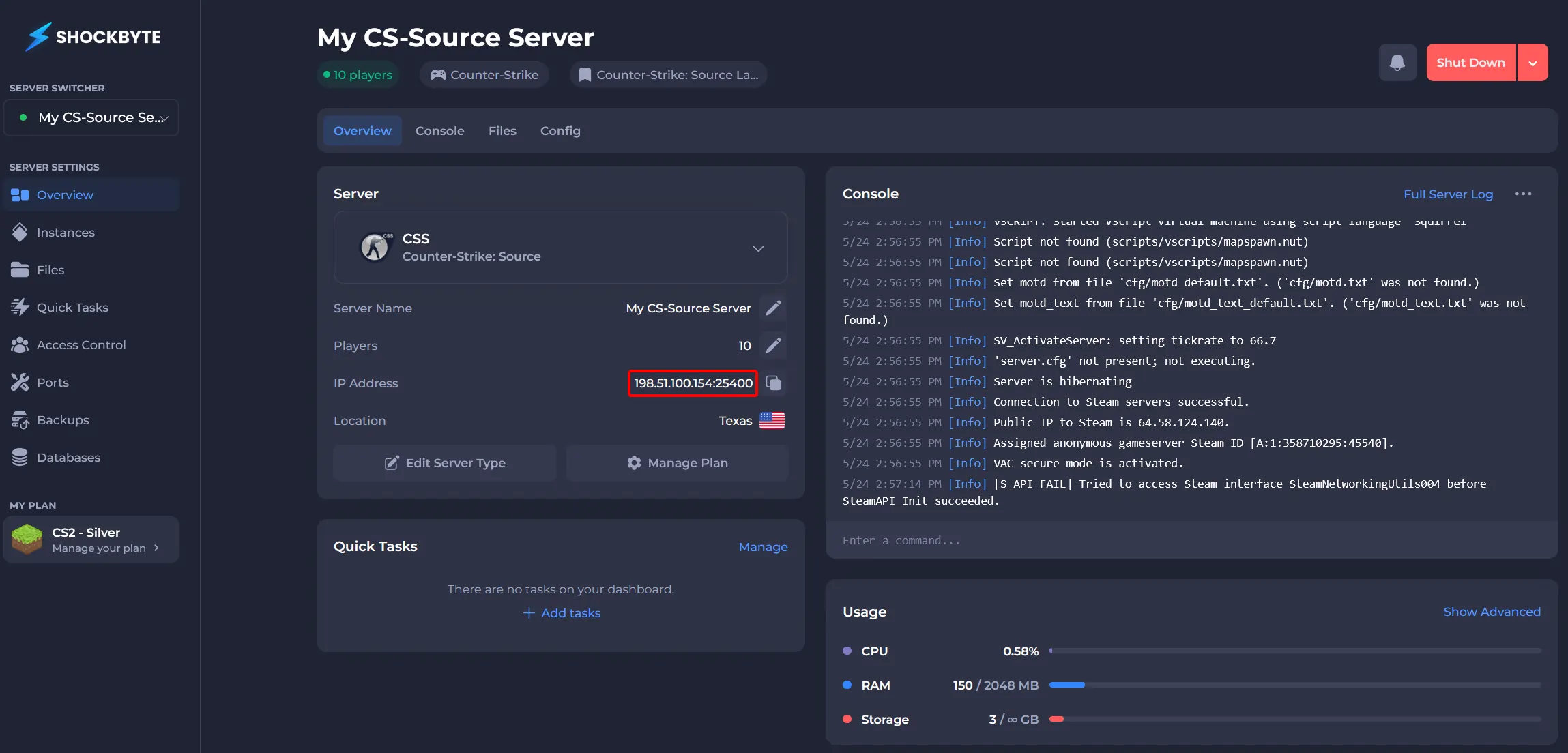 CSS server IP address highlighted