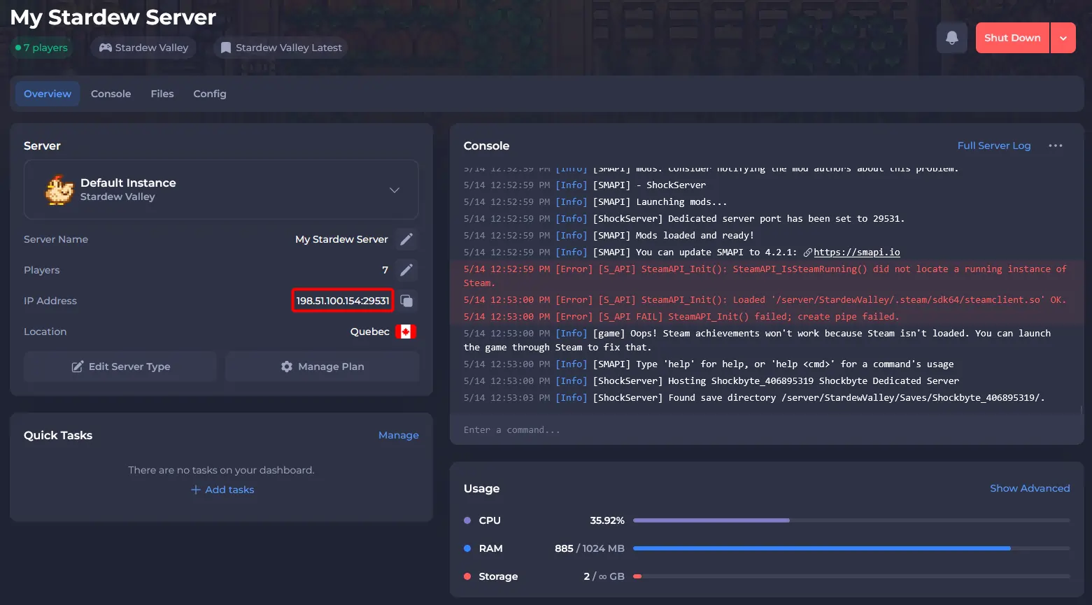 Stardew Valley control panel showing server IP