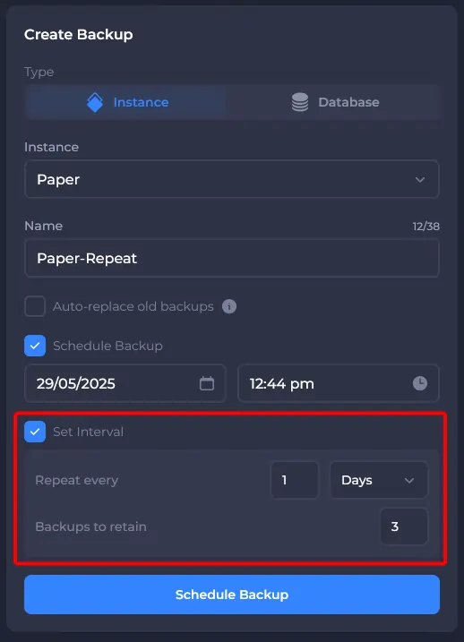 Set a schedule to generate your backup