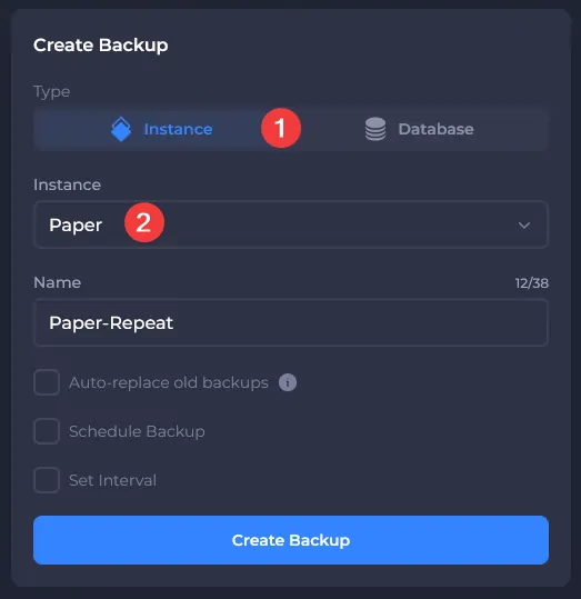 Choosing instance or database to backup