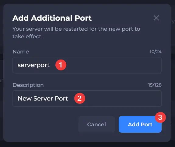 Filling in the additional port form.