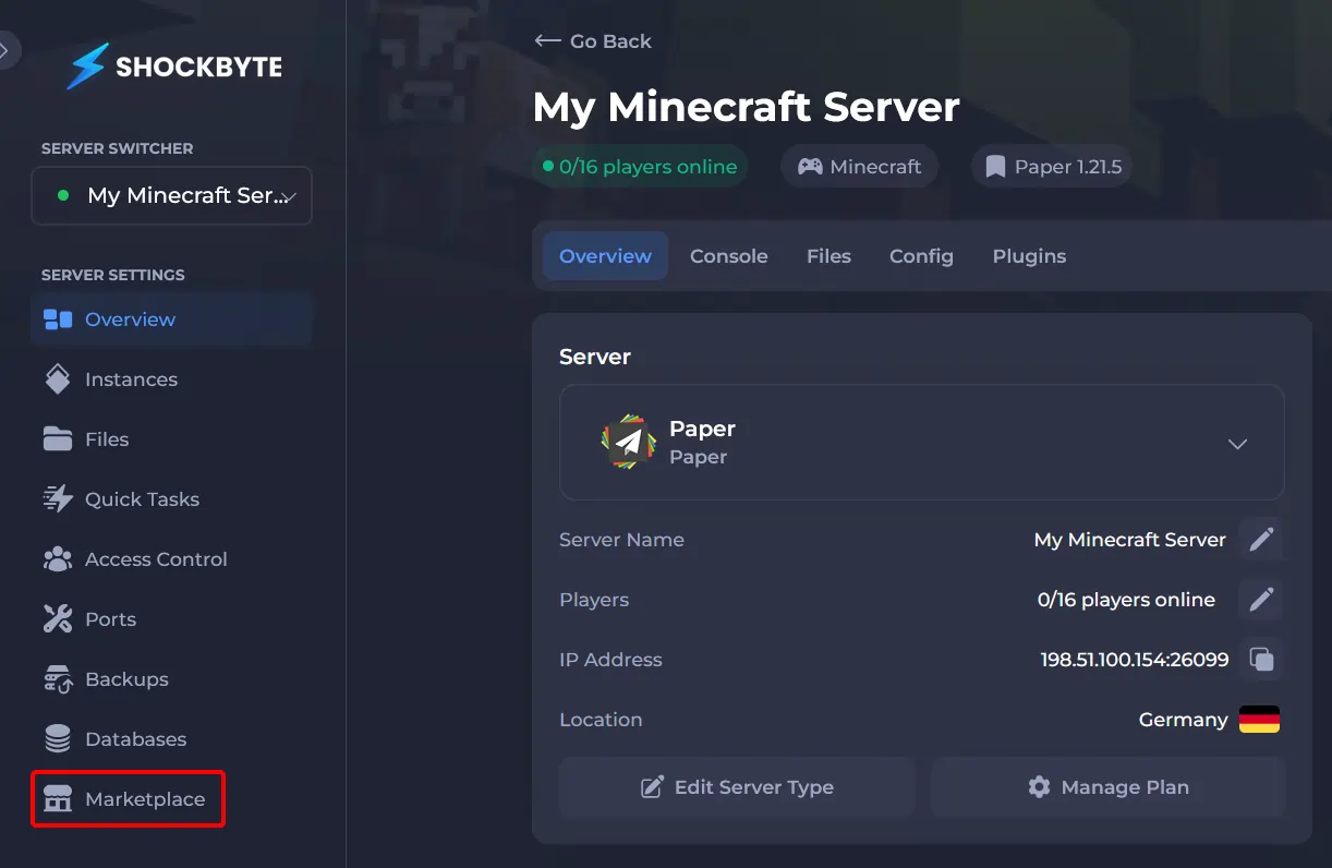 Shockbyte control panel highlighting the marketplace