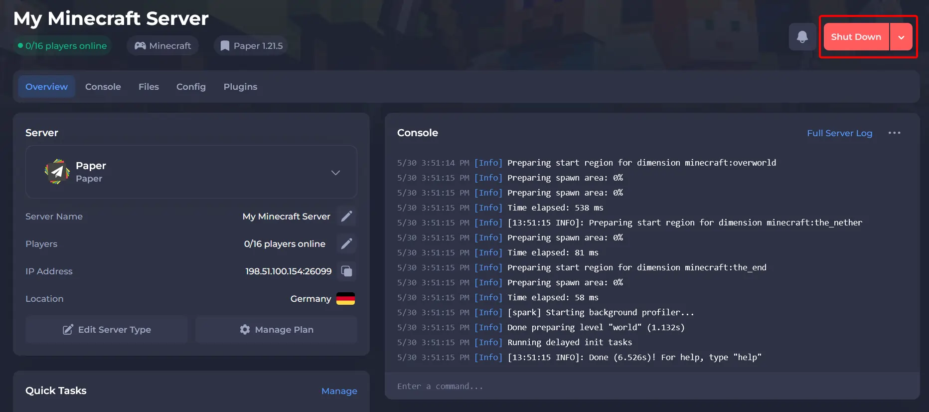 Stopping a modded Minecraft server via the Shockbyte Control Panel.