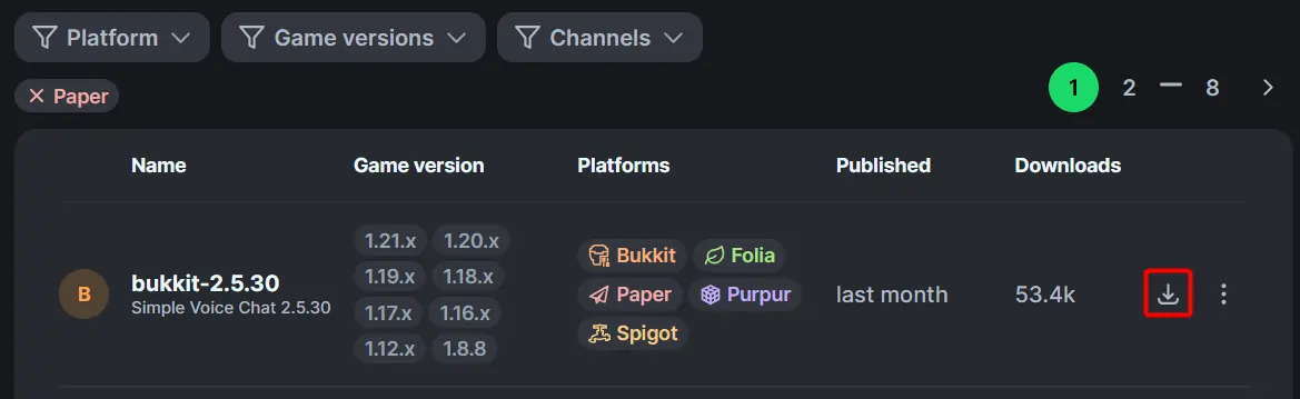 Simple Voice Chat modrinth page highlighting the download button
