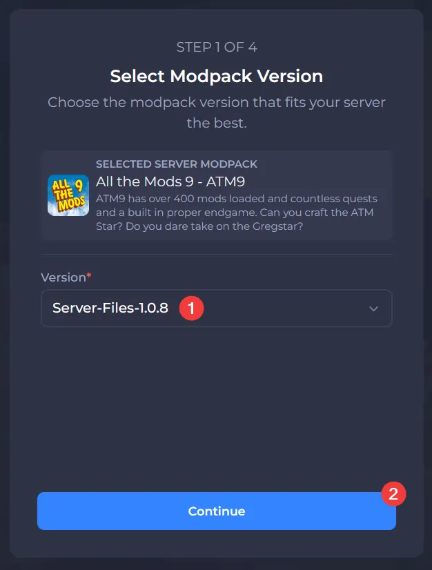 Selecting a modpack version to install on your Shockbyte server