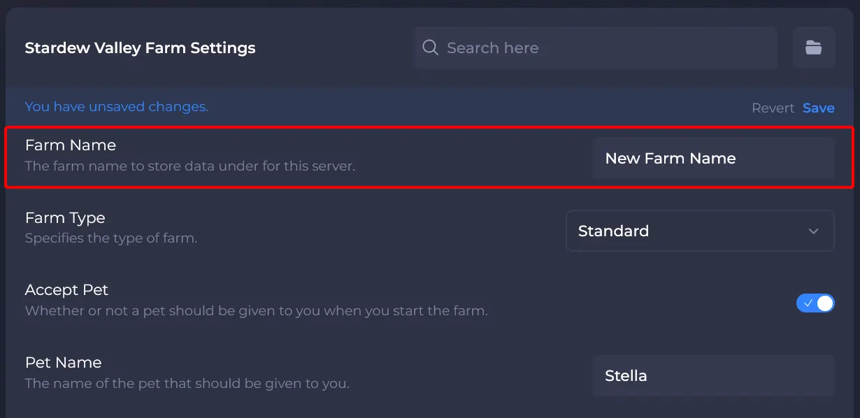Stardew Valley server config changing the farm name
