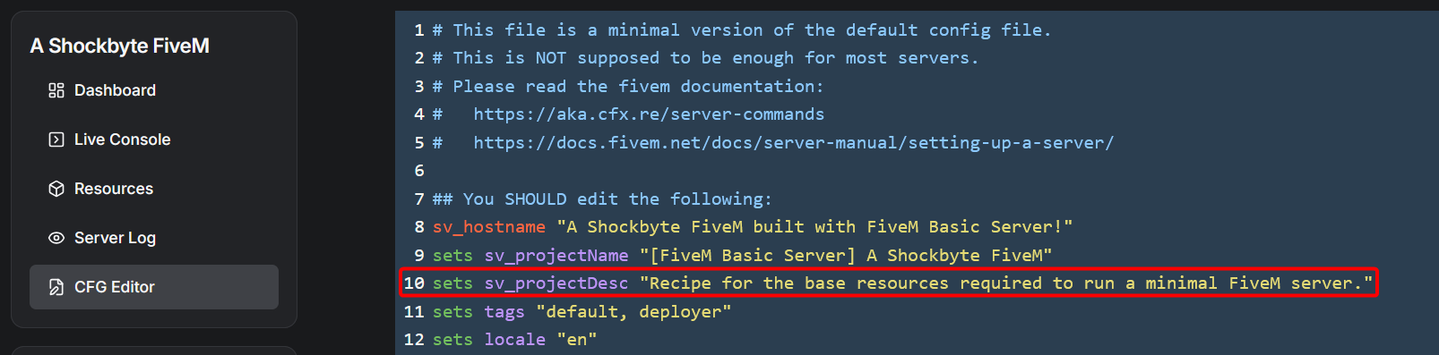 txAdmin control panel changing the server description