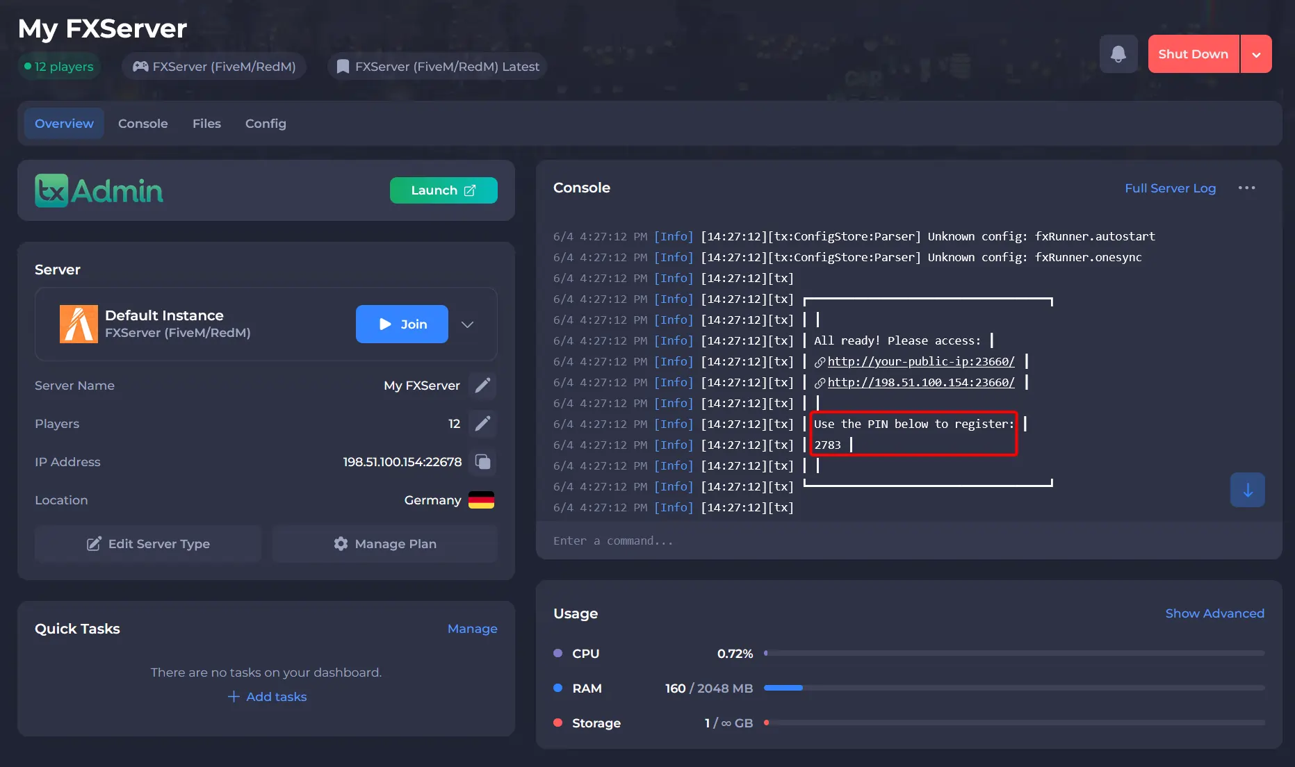 FiveM or RedM server fxAdmin registration pin printing in console