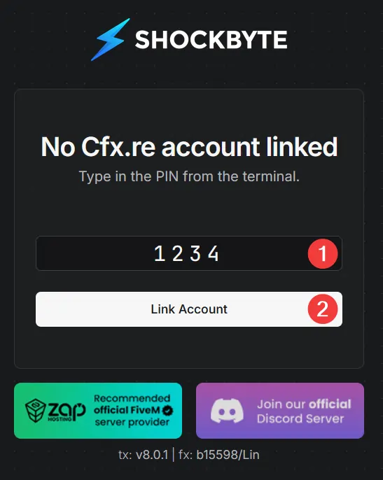 Entering your server pin on Cfx.re